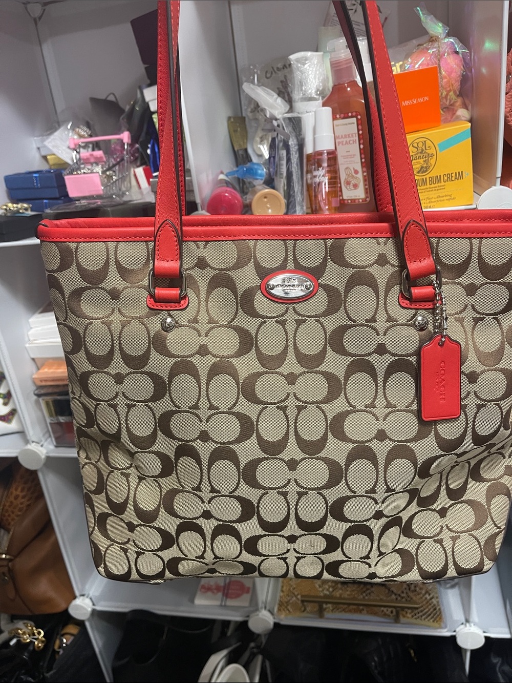 Coach Beige Signature Tote with Coral Trim